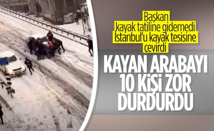 İstanbul'da yokuştan kayan aracı durdurma çabası