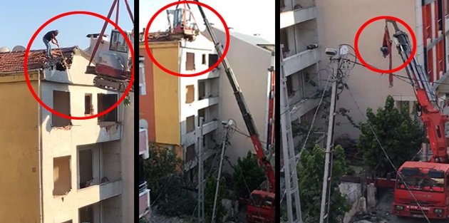Arnavutköy'de vince bağlı iş makinasıyla tehlikeli yıkım